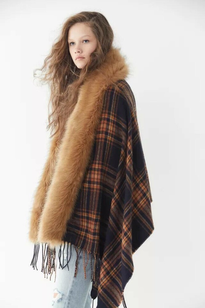 NWOT URBAN OUTFITTERS Faux-Fur Trimmed Plaid Poncho Warm Shawl Large Scarf OS